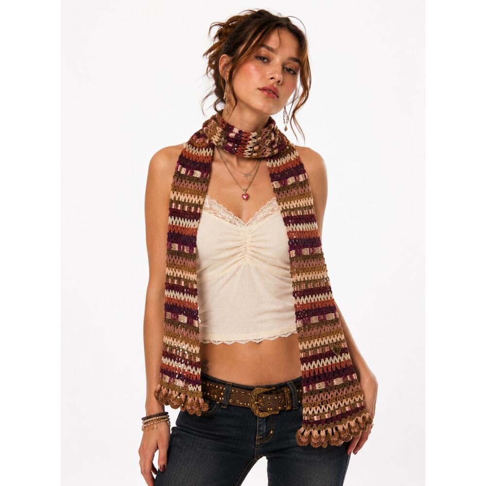 Betsey Johnson Y2K Crochet Ribbon Skinny Scarf Boho Coquette Multi Color